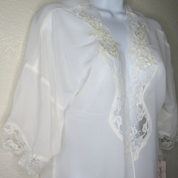 Linea Donatella Sheer Chiffon Open Front Robe S/M White Lace Pearls Knee Length - Picture 9 of 16